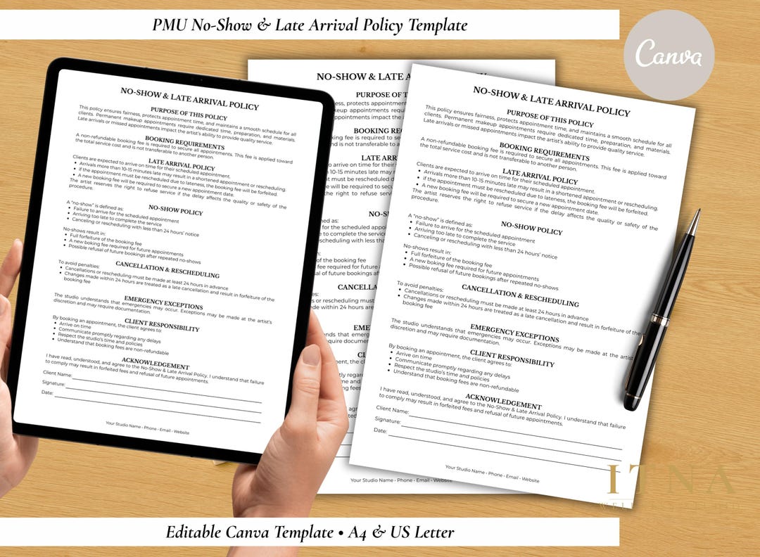 No‑show & Late Arrival Policy - PMU Studio Policy Template, Editable ...