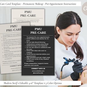 Puede incluir: Una mujer con bata blanca realiza un procedimiento de maquillaje permanente. La imagen presenta tarjetas de cuidado previo a la PMU con instrucciones, incluyendo evitar la cafeína y el alcohol. Las tarjetas son en negro y beige.