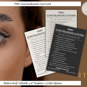 Puede incluir: Primer plano de un ojo y una ceja con tres tarjetas de Contraindicaciones de PMU en negro, blanco y gris. Las tarjetas enumeran las condiciones no aptas para PMU. Texto: "Modern Serif - Plantilla editable 4x6" - 3 opciones de color."