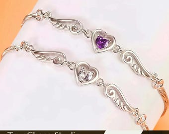 925 Sterling Silver Angel Wing Heart Charm Chain Bracelet Women Memorial Love Jewellery Gift