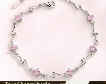925 Sterling Silver Crystal Linked Stone Linked Charm Bracelet Women Jewellery Gift UK