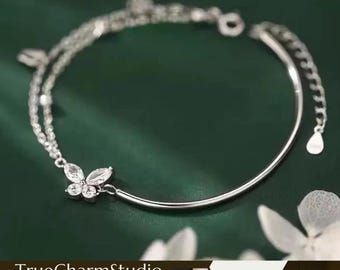 Double Layer 925 Sterling Silver Butterfly Bracelet with Crystals, Adjustable Women's Jewelry Gift