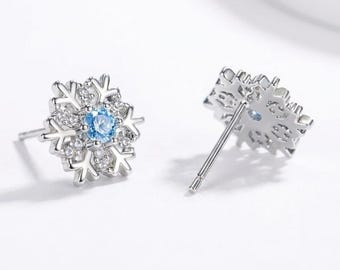 925 Sterling Silver Snowflake Stud Earrings Crystal Christmas Gift for Her