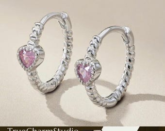 925 Sterling Silver Crystal Pink Heart Huggie  Hoop Earrings Women Jewellery Gift UK