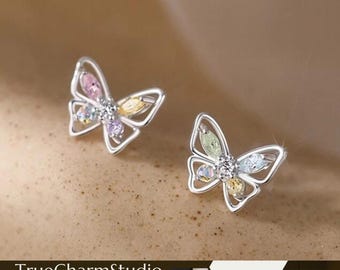 925 Sterling Silver Colourful  Crystal Butterfly Stud Earrings Womens Gift Jewellery