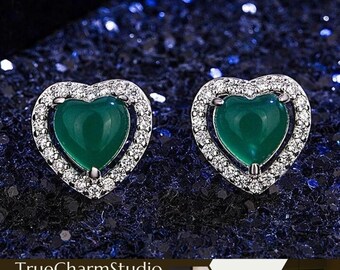 925 Sterling Silver Crystal Heart Green Jade Stud  Dainty Heart  Earrings Jewellery Women Gift