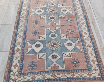 Alfombra Oushak turca vintage de 5'4 x 7'6 pies, alfombra de lana anudada a mano, alfombra descolorida.