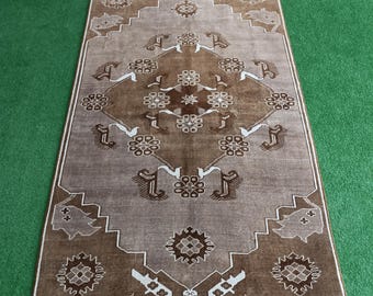 Handmade Turkısh Oushak Rug , Vintage Anatolian Natural Rug , Brown Carpet,4'7x8'2ft