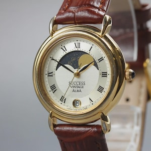 Vintage 1999 [Near MINT] Seiko Alba V338-6090 Moon Phase Roman Quartz Men Watch