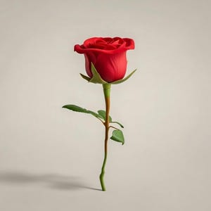 Puede incluir: Una sola rosa roja con hojas y tallo verdes. La rosa está en plena floración, con pétalos detallados. El tallo es de color marrón claro y las hojas son de un verde vibrante. El fondo es beige neutro.