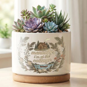 May include: A white ceramic planter with a wooden base, filled with assorted succulents. The planter features a cottage illustration and the text "mentally, I'm at the cottage". The succulents include shades of green, purple, and blue.
