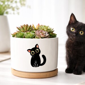 Söt svart katt suckulentplanter, keramisk växtkruka med tecknad kattungedesign, liten växtkruka, estetisk heminredning, present till kattälskare