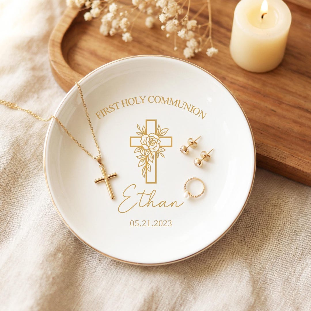 First Communion Gift, Ceramic Ring Dish, Gold Cross Design, Gold Rim ...