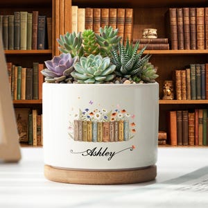 Personlig kruka för bokälskare, keramisk växtkruka med eget namn, blommig kruka för biblioteksböcker, present till lärare, present till läsälskare