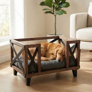 Farmhouse Style Wooden Decorative Pet Bed with Washable Cushion in 3 Sizes