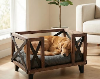 Farmhouse Style Wooden Decorative Pet Bed with Washable Cushion in 3 Sizes