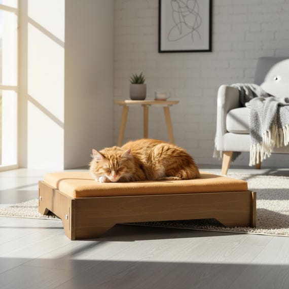 Stylish Cat Bed with Washable Cushion, Modern Wooden Corner Pet Furniture for Indoor Cats