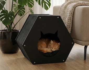Modern Hexagon Design Stylish Cat House with Washable Cushion for Indoor Cats
