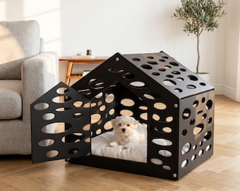 Indoor Dog House with Decorative Oval Cutout Design and Washable Cushion in 3 Sizes