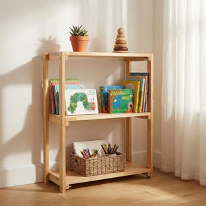 Peut inclure: Une étagère en bois clair à trois niveaux. L'étagère supérieure contient une plante succulente en pot et un jouet en bois à empiler. L'étagère du milieu présente des livres pour enfants, dont "Goodnight Moon" et "The Very Hungry Caterpillar". Le bas a un panier en osier avec des crayons.