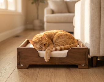 Luxury Cat Bed with Washable Cushion, Modern Wooden Pet Furniture for Indoor Cats
