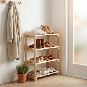 Könnte beinhalten: Ein hölzernes Schuhregal mit vier Ebenen, gefüllt mit verschiedenen Schuhen, darunter Turnschuhe, Stiefel und Sandalen. Das Regal besteht aus hellem Holz und steht vor einer weißen Wand. Ein Mantel hängt an einem hölzernen Wandhaken. Eine Topfpflanze steht auf dem Boden.