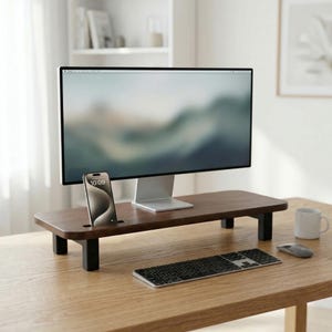 Wooden Computer Stand for Monitor in Walnut Finish with Modern Desk Storage