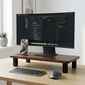Wooden Computer Monitor Stand in Walnut Finish with Desk Storage