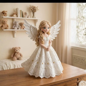 Könnte beinhalten: Eine handgefertigte Häkelpuppe in Form eines Engels mit blonden Haaren, blauen Augen und weißen Flügeln. Die Puppe trägt ein weißes Kleid mit Sternen. Die Puppe steht auf einer Holzoberfläche, im Hintergrund Teddybären und Regale.