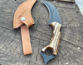 Handmade Karambit Knife with Wood Handle & Leather Sheath