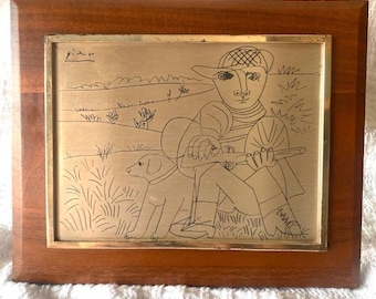 Placa de plata vintage de Pablo Picasso Le Chasseur (plata de ley 925 SPADEM 1978, soporte de mesa con relieve de pared)