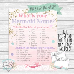What&#39;s Your Mermaid Name Game, Sign with name tags. Instant download. Printable. Mermaid Party activity.