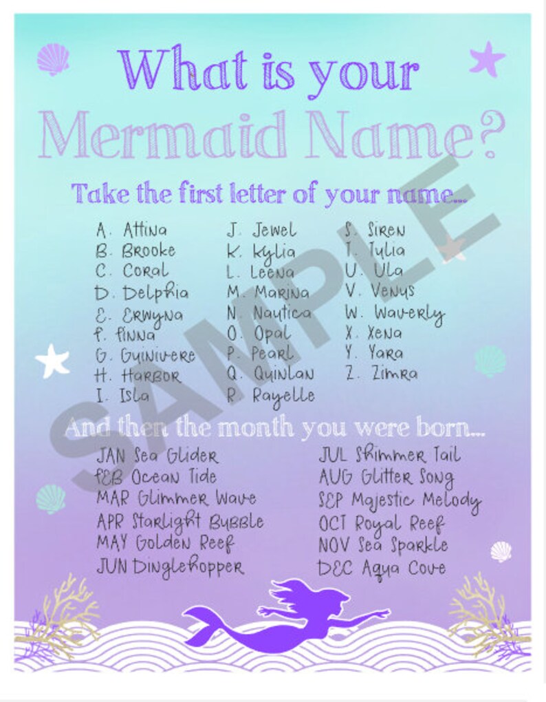 What's Your Mermaid Name Game, Sign With Name Tags. Instant Download ...