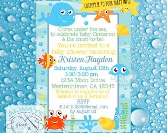 May include: A blue and green baby shower invitation with a whale, starfish, and jellyfish. The invitation says "Come under the sea to celebrate baby Cameron & the mom-to-be! You're invited to a baby shower honoring Kristen Hayden Saturday, August 13th 1:00-3:00 pm 1234 Main Drive Westminster, CA 12345 Kristen is registered at Babies-r-us & Amazon RSVP Jill at jill2345@email.com by August 1st"