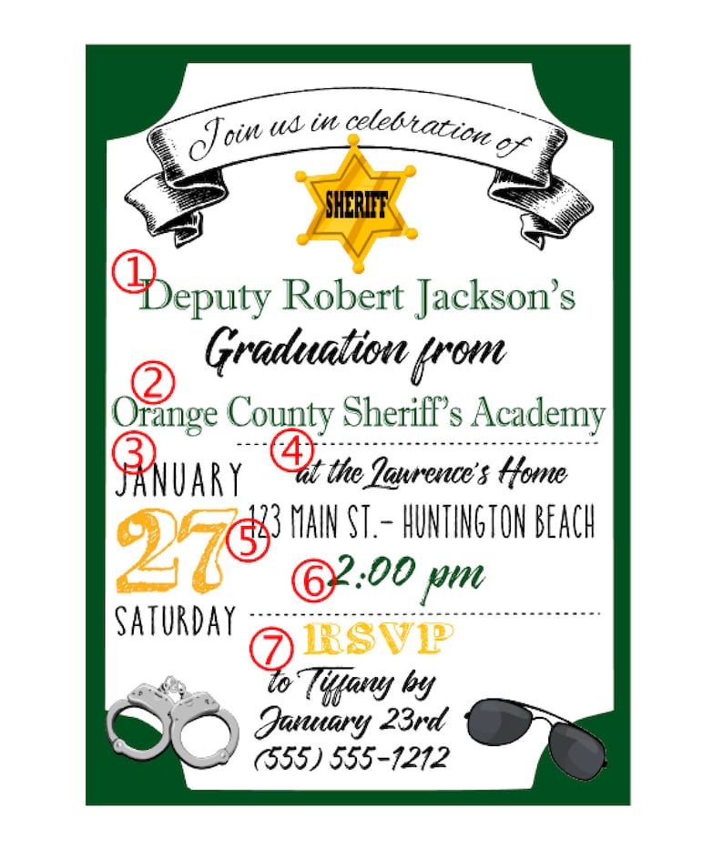 Sheriff's Academy Graduation Party Invitation 5x7 Digital File