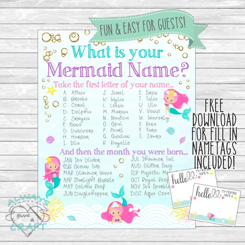 What's Your Mermaid Name Game, Sign With Name Tags. Instant Download ...