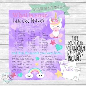 What&#39;s Your Unicorn Name, Sign with name tags. Instant download. Printable. Unicorn Party activity.
