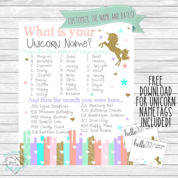 whats your unicorn name sign with name tags instant etsy