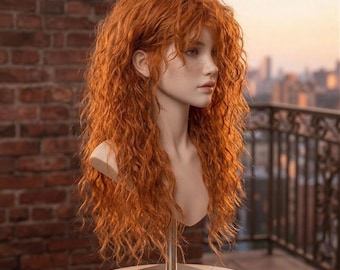 Peluca larga rizada color jengibre hecha a mano, estilo shag, cabello voluminoso cobrizo rojizo, rizos naturales y elásticos, corte shaggy completo, sintética resistente al calor.