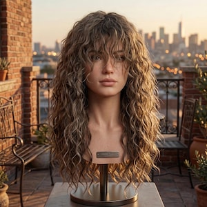 Puede incluir: Una cabeza de maniquí con cabello largo, rizado, castaño claro y flequillo. La cabeza está montada sobre un soporte metálico con una pequeña placa con el nombre. El fondo presenta una pared de ladrillo, una barandilla de metal y un paisaje urbano.