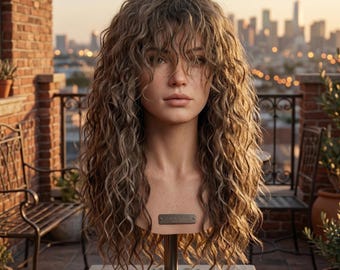 Handmade Long Wavy Wig, Honey Blonde Brown Balayage Curly Hair with Layered Bangs, Natural Heat Resistant Synthetic Cosplay & Daily Wig