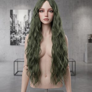 Handmade Long Wavy Dark Green Wig for Women, Natural Look Curly Olive Hair, Cosplay Costume Anime Daily Wear Synthetic Realistic Wig