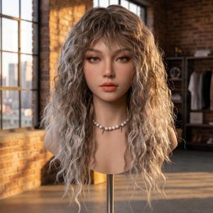 Handmade Long Curly Ash Blonde Wig With Bangs Silver Gray  display picture 3