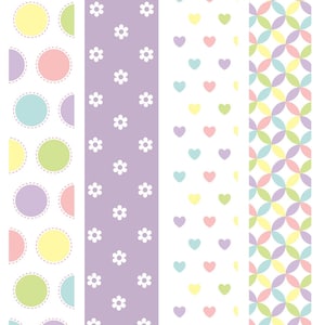 May include: Four vertical strips with pastel patterns. The first strip has large polka dots in pastel colors. The second strip is lavender with white flowers. The third strip has hearts in pastel colors. The fourth strip has a geometric pattern. The dimensions are 1.5 x 7.5 inches.