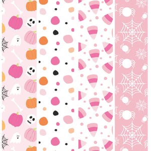 May include: Four vertical strips of patterned material measuring 1.5 x 7.5 inches. Pattern 1 features pink pumpkins, ghosts, and bones on light pink. Pattern 2 has pink, orange, and black dots on white. Pattern 3 shows pink candy corn on white. Pattern 4 displays white spiderwebs on pink.