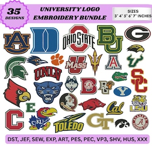 Pacote com 35 Logotipos Universitários Bordados: Logotipos de Faculdades, Mascotes, Letras para Uniformes Universitários, Arquivos de Design de Bordado para Equipes Esportivas (5 Tamanhos)