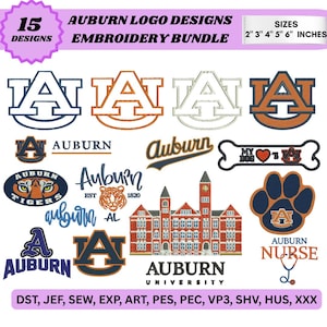 May include: An embroidery bundle featuring 15 Auburn University logo designs. The designs include the letter "A" in various styles, the Auburn Tigers logo, and the Auburn University building. Sizes range from 2 to 6 inches.