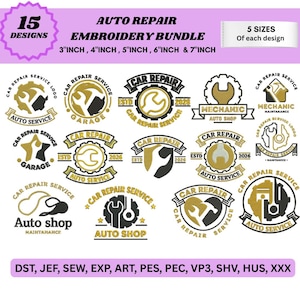 May include: An embroidery bundle featuring 15 auto repair designs. Each design is available in 5 sizes: 7.6, 10.2, 12.7, 15.2, and 17.8 cm. The designs include logos with wrenches, gears, and the text "Car Repair Service" and "Auto Shop".