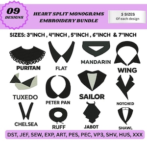 12 Sweatshirt Collar Machine Embroidery Bundle Peter Pan Mandarin Sailor Ruff Jabot Collar Black Tie Embroidery Design PES DST JEF Files