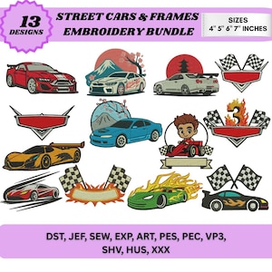 May include: An embroidery bundle featuring 13 street car designs and frames. The designs include various car styles in red, white, blue, yellow, and green, along with racing flags and a cartoon character. The sizes are 4", 5", 6", and 7" inches.